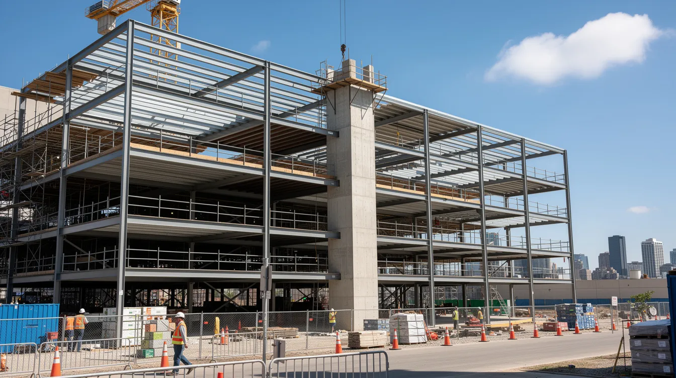 The image depicts a modern commercial building under construction, showcasing its steel structural framing against a clear blue sky. This scene highlights the engineering expertise and innovative design involved in contemporary engineering projects, reflecting the structural engineering services offered by leading engineering firms.