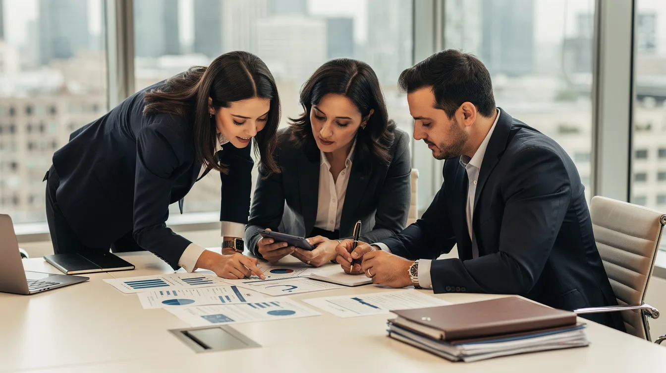 The image depicts three office workers collaborating around a conference table, reviewing documents together as part of a business process. They represent participants in a task, discussing elements of a process diagram to ensure all activities are approved and connected.