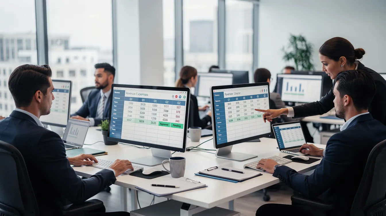 A team of business professionals is focused on their computers, with spreadsheets displaying complex data sets, including customer data and sales data, visible on their screens. They are engaged in data analysis and management, working collaboratively to promote data literacy and ensure data integrity for informed decision-making.