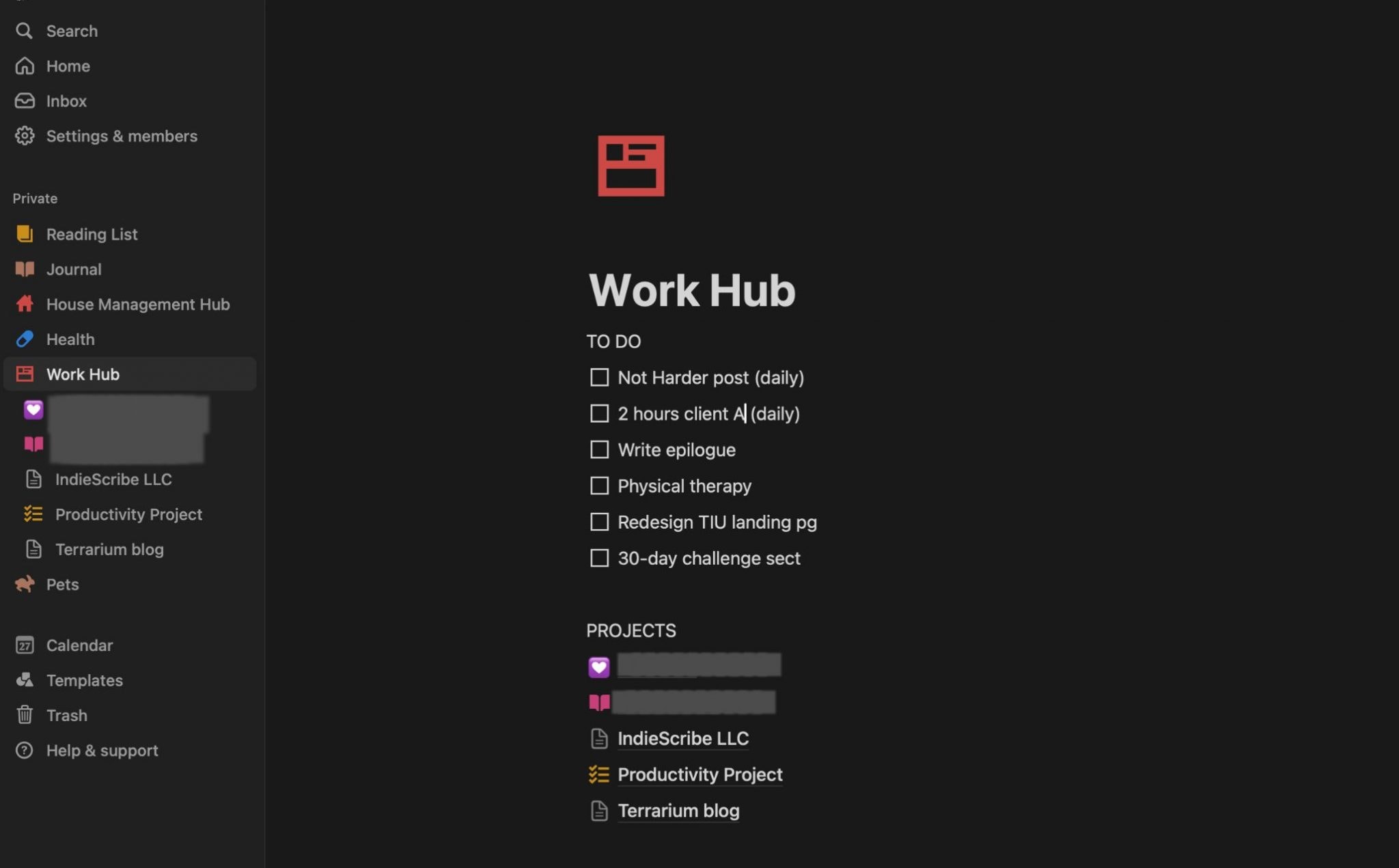 work hub list on Notion