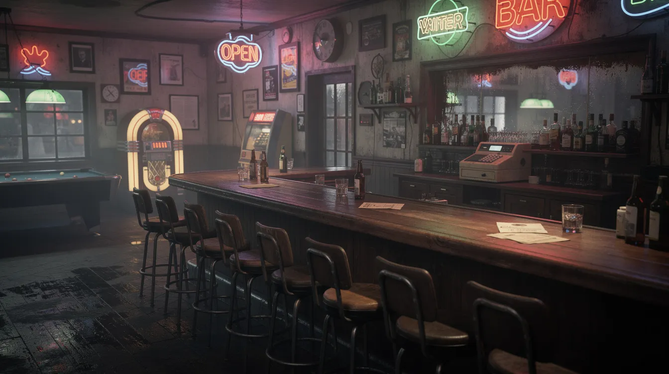 The image depicts a classic dive bar interior, featuring a long wooden bar illuminated by vibrant neon signs, creating a lively atmosphere typical of East Village bars. The space includes soft lighting, a disco ball overhead, and a pool table, inviting friends to enjoy signature cocktails and bar snacks in a cozy neighborhood setting.