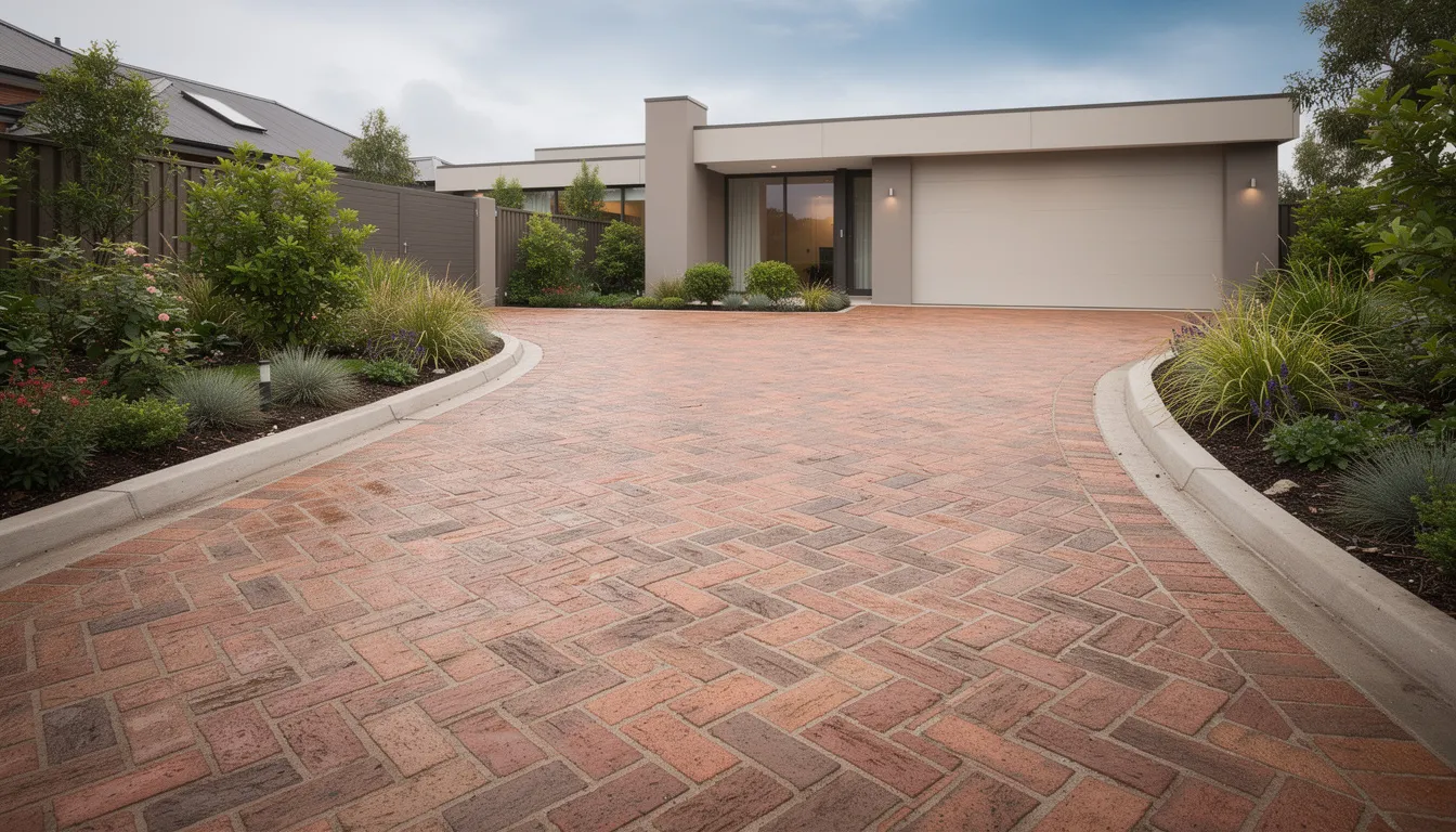 The image features a modern Auckland property with a herringbone pattern brick paver driveway, showcasing its aesthetic appeal and minimal maintenance requirements. Surrounding the driveway, there is garden edging that enhances the overall curb appeal while providing a functional outdoor space.