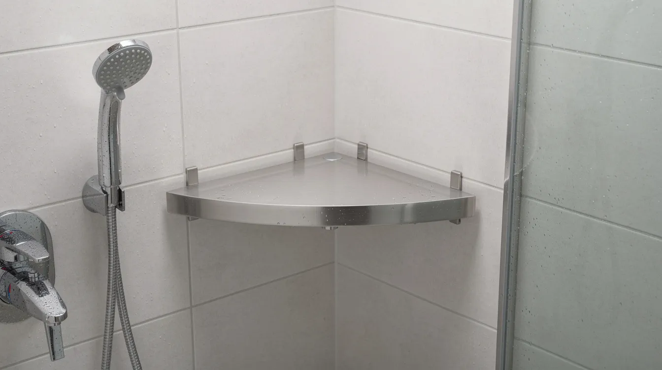 En hörnhylla i rostfritt stål är monterad i en liten duschkabin, vilket erbjuder en praktisk lösning för duschförvaring. Hyllan är designad för att hålla ordning på schampo och tvål, och passar perfekt i badrummet med sin stilrena och hållbara konstruktion.