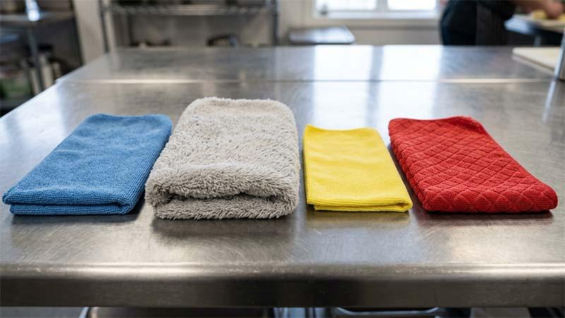 Different types of microfiber cloth on a stainless steel table