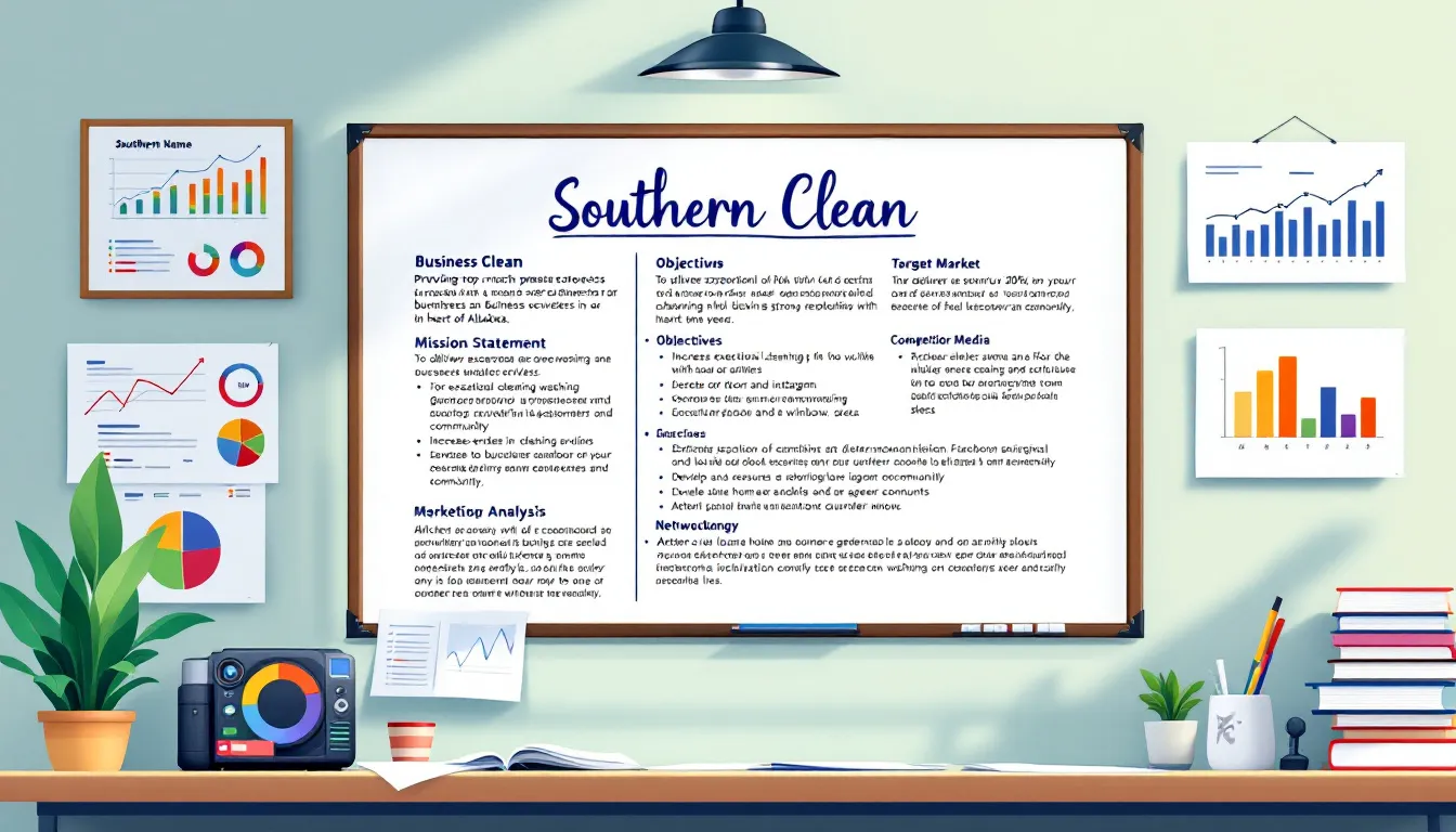 A sample business plan layout for a pressure washing business, including key components.