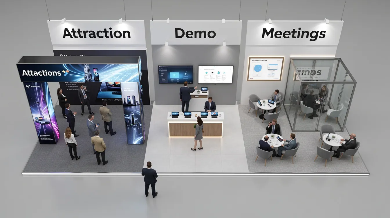 An overhead view of a trade show booth layout features distinct zones for attractions, product demos, and meetings, showcasing effective exhibition design strategies that engage visitors and create lasting impressions. The layout emphasizes interaction design and the visitor experience, highlighting the importance of custom trade show booths in attracting potential customers.