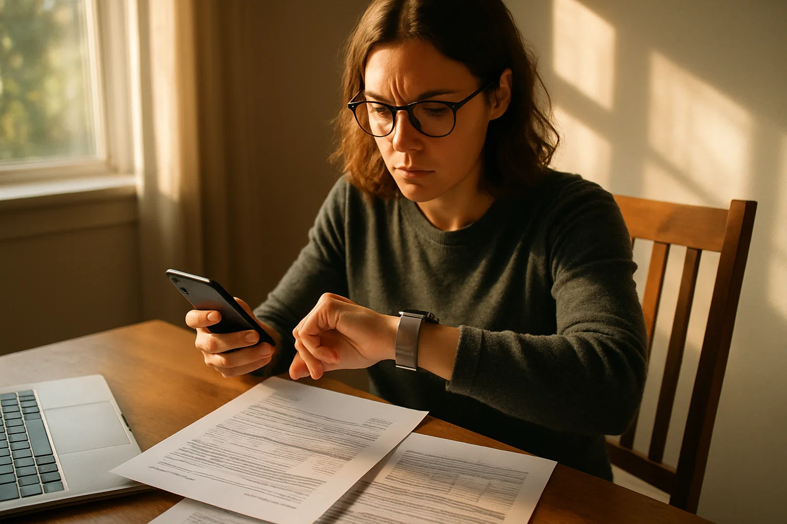 Person checking the time while reviewing finances, symbolising the importance of acting quickly to avoid bailiff action.