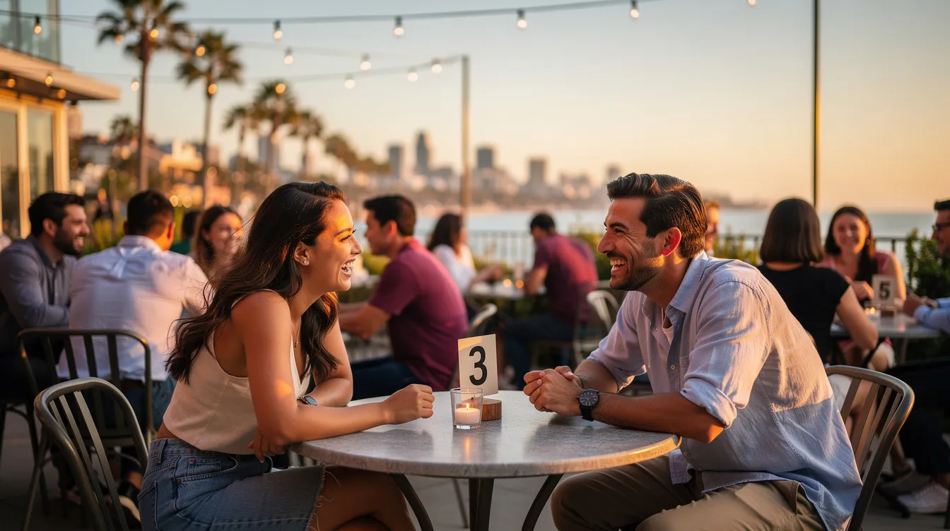 An outdoor speed dating event is taking place in San Diego, where singles gather in a lively park setting to meet new people and potentially spark romance. Participants enjoy the beautiful California weather while engaging in fun conversations, creating an exciting atmosphere for first dates and connections.