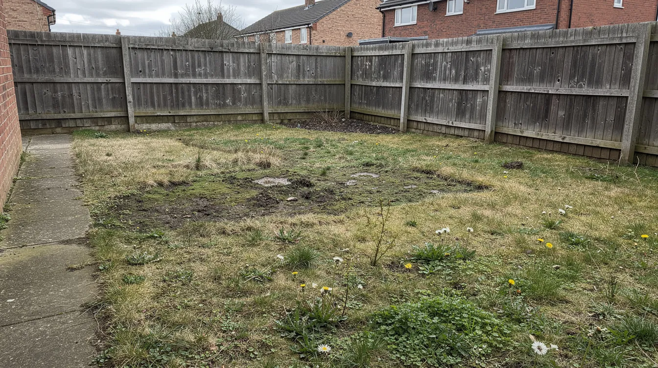 The image depicts a patchy UK lawn with visible bare patches and discoloured areas of brown and pale green grass blades, indicating potential lawn problems such as fungal diseases or drought stress. Unsightly patches and weakened grass suggest issues with nutrient absorption and poor air circulation, common in many lawns during hot weather or high humidity.