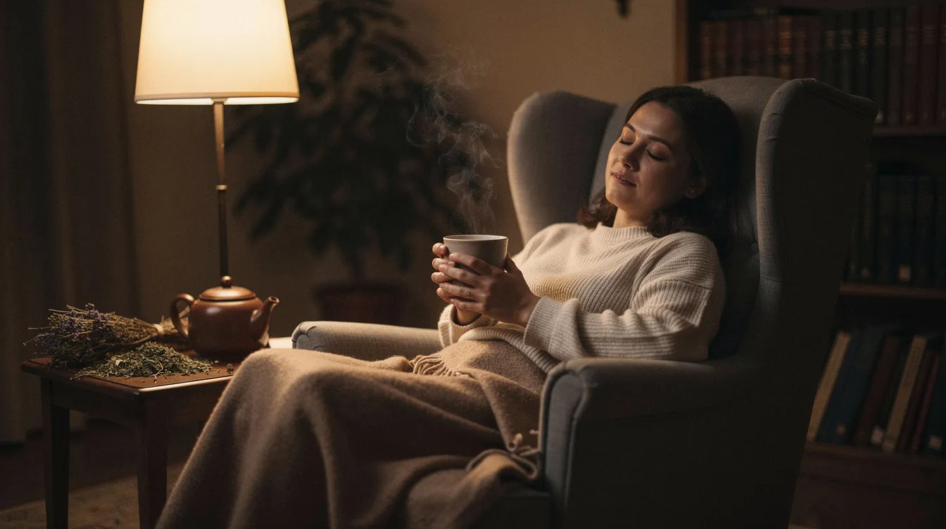 A person is sitting comfortably in a dimly lit room, sipping herbal tea, which promotes relaxation and may help improve sleep quality. This serene setting encourages good sleep habits and could aid in achieving a restful night&rsquo;s sleep.