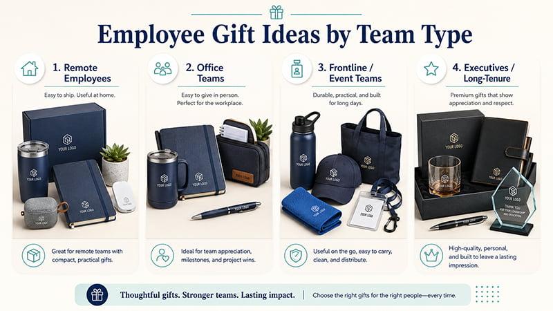 Employee gift ideas by team type for remote employees, office teams, frontline teams and executives or long-tenure staff