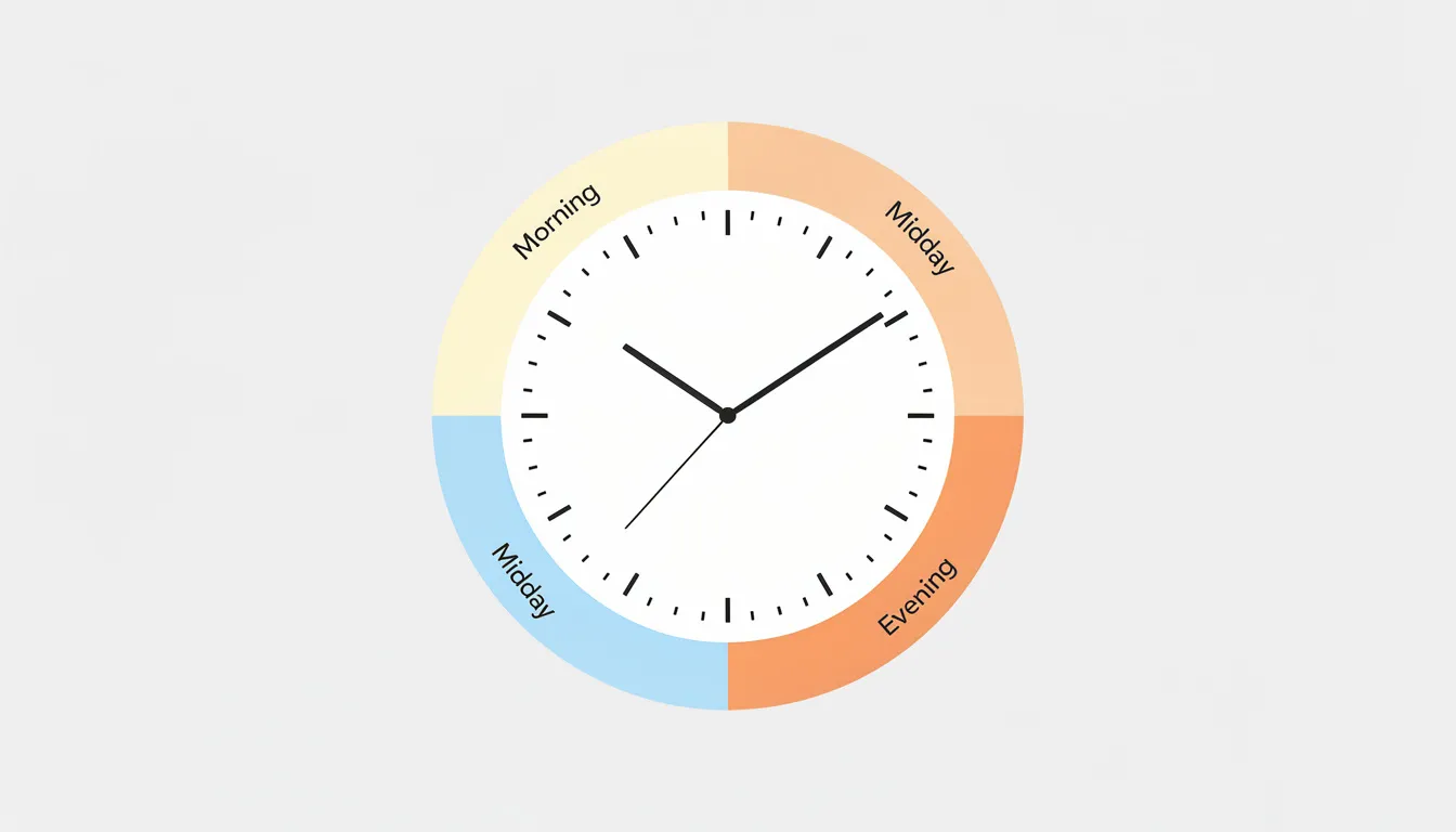 The image features a simple analog clock face with segments for morning, midday, and evening highlighted in distinct colors, illustrating the optimal times to take NMN supplements for boosting energy levels and supporting healthy aging. Each segment visually represents the daily routine that aligns with the body’s natural NAD cycle, emphasizing the importance of timing in NMN intake for cellular health.