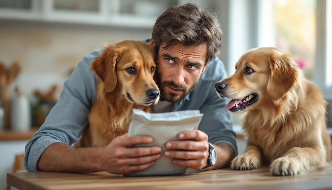 A concerned dog owner is examining food ingredients while their curious dog watches attentively, highlighting the importance of knowing which human foods, like onions, are toxic to dogs. The scene emphasizes the need for pet owners to be vigilant about their dog