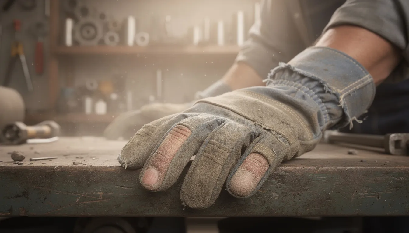 A worker in a dusty workshop environment is wearing work gloves, showcasing callused hands that reflect their hard work. The scene highlights the need for a natural hand salve, rich in shea butter and essential oils, to soothe and repair extremely dry and cracked skin.