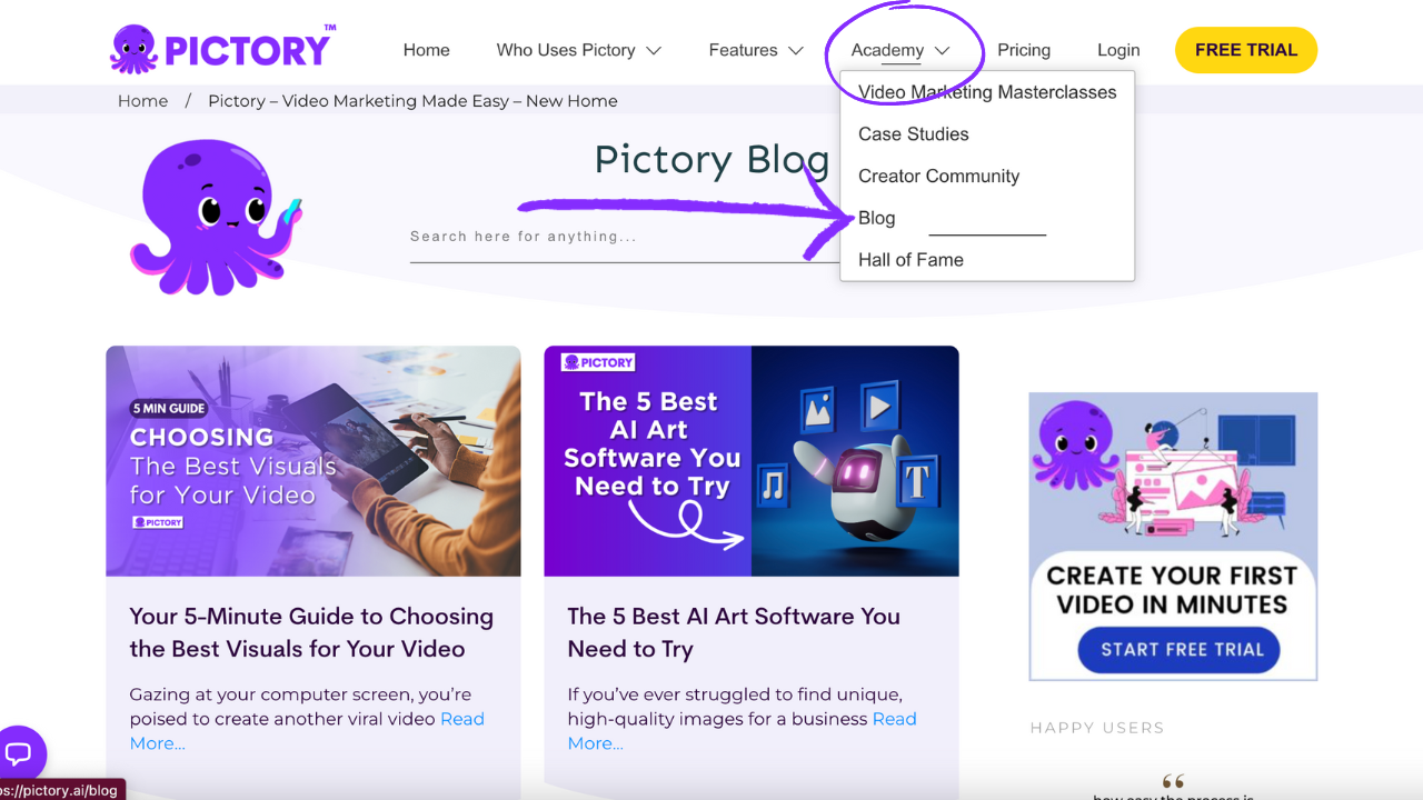 A screenshot showing how to access Pictory's blogs.