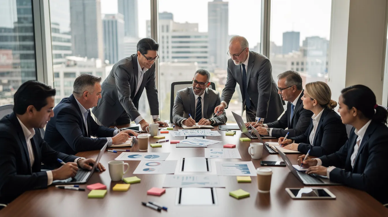 A diverse group of executives is actively participating in a collaborative workshop around a large table, equipped with notebooks and coffee, as they share insights on leadership development and team dynamics. The atmosphere reflects a commitment to fostering emotional intelligence and innovative strategies among leadership teams.