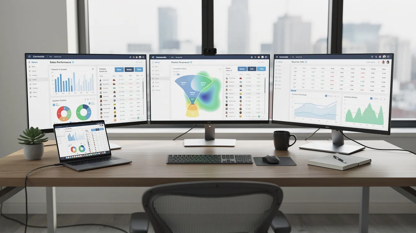 The image depicts a modern office workspace featuring multiple monitors displaying vibrant ecommerce dashboards and analytics, illustrating the operational efficiency of an ecommerce development company. The setup reflects a focus on digital commerce, showcasing relevant metrics for online sales and business growth.