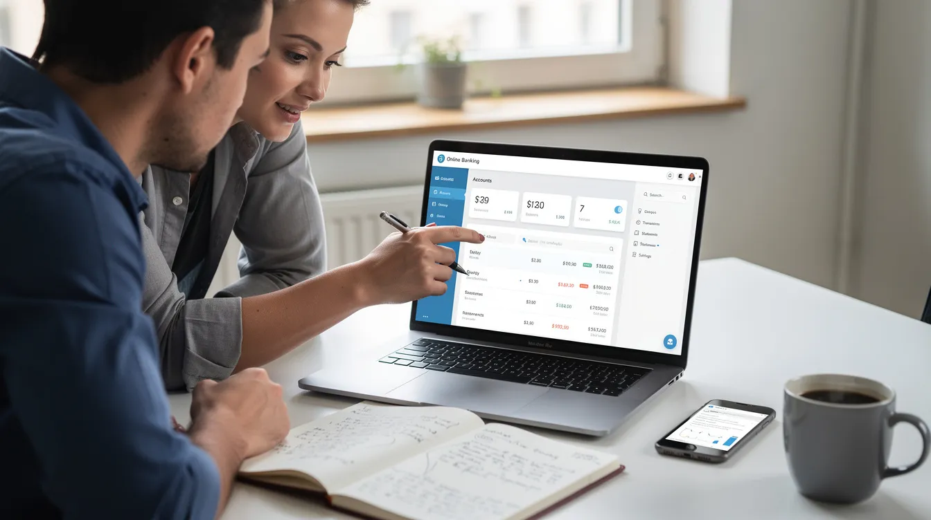 Two individuals are collaboratively reviewing bank details displayed on a laptop screen, likely discussing aspects such as international money transfers and banking regulation acts. The setting suggests a focus on financial transactions, possibly involving current accounts or investment services.