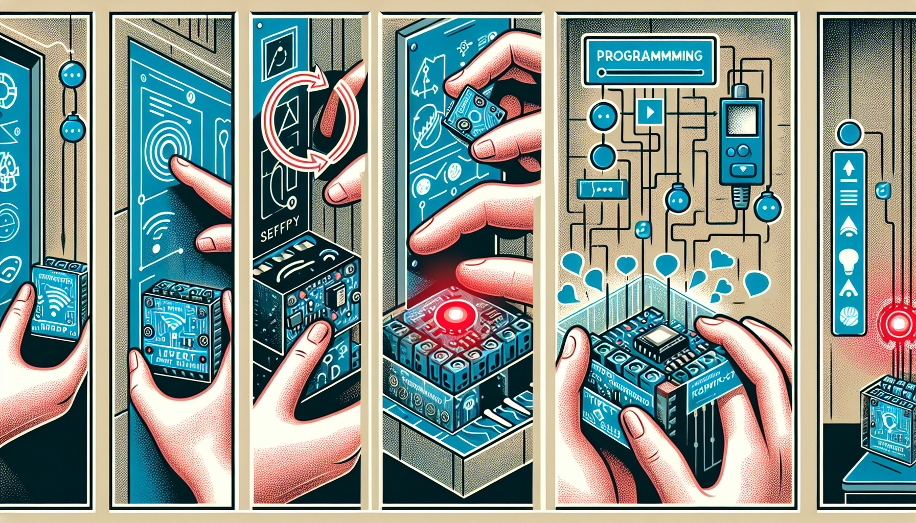 Illustration of step-by-step guide to setting up wireless relay module