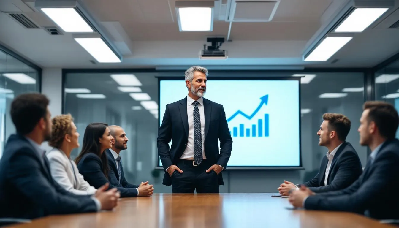 In a professional boardroom setting, a company owner stands confidently at the head of a large table, addressing seated partners who appear engaged and optimistic. Behind them, a projector screen displays an upward-trending cash icon, symbolizing their discussion on leveraging tailored credit solutions for business growth and investment strategies.