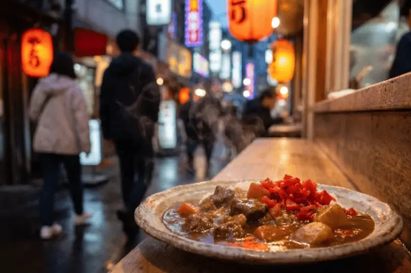 An atmospheric, street-style shot of a hearty plate of Japanese beef curry with potatoes, carrots, and bright red pickles resting on an outdoor wooden ledge, set against a beautifully blurred background of a busy night street glowing with red Japanese lanterns.