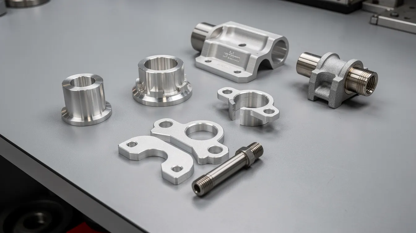 The image features several precision machined aluminum and stainless steel parts displayed on a clean workbench, showcasing a variety of geometries and surface finishes. These components exemplify high precision CNC machining, reflecting the capabilities of skilled engineers in the machining industry.