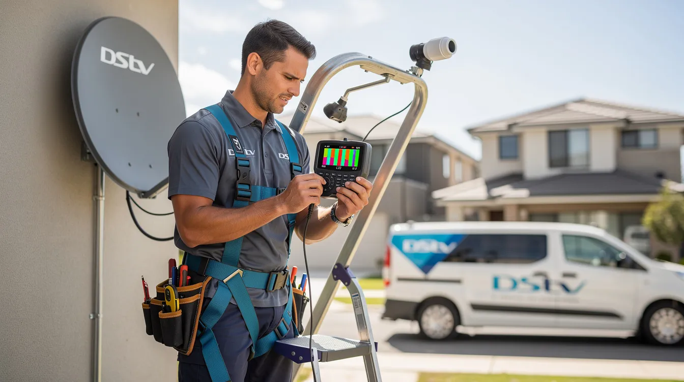 A DStv technician is seen using a digital satellite signal meter to conduct signal testing on a satellite dish installation, ensuring optimal performance for DStv subscribers. The technician is equipped with tools for professional DStv installations, highlighting their expertise in providing quality customer-focused service.