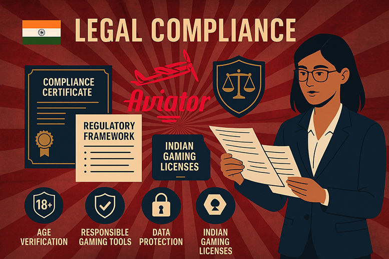 Legal compliance framework for Aviator gambling game showing Indian regulations, licenses, and responsible gaming tools