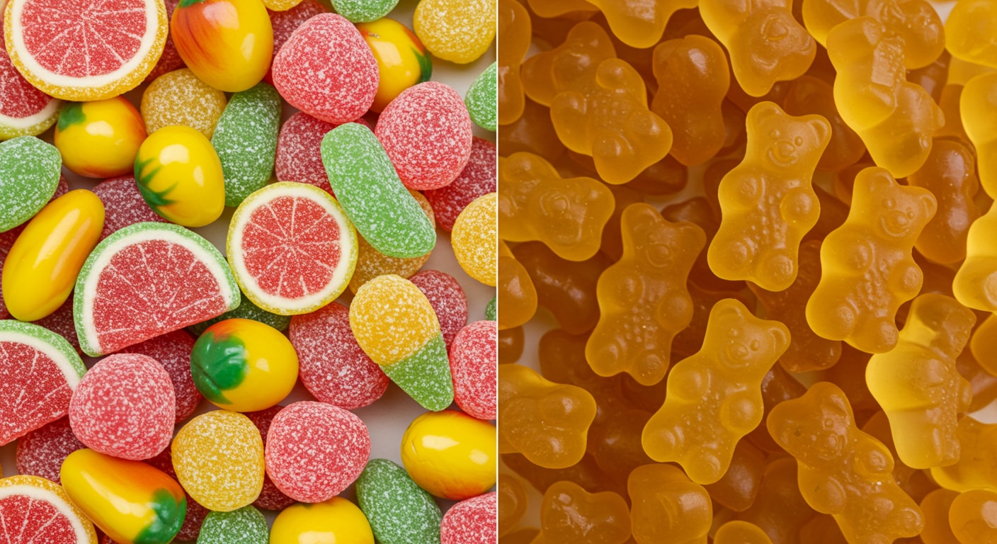 One half of the picture shows Swedish gummies while the other half shows gelatin gummy bears