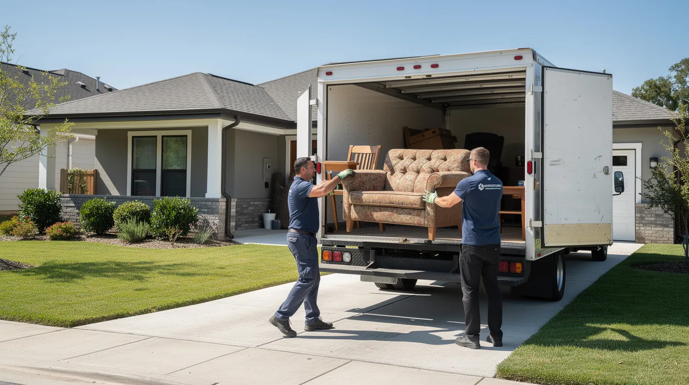 A professional junk removal crew is efficiently loading unwanted furniture into a truck from a residential driveway, showcasing their expertise in residential cleanout services in Connecticut. The team is dedicated to clearing clutter and ensuring a tidy space for homeowners.