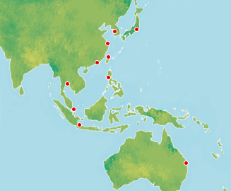 A world map with red dots indicating the locations of MOS Burger restaurants
