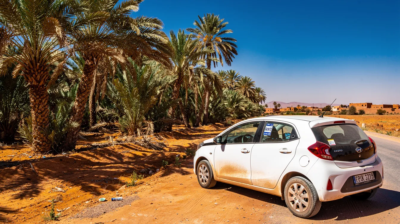 Coche de alquiler compacto blanco aparcado junto a un palmeral marroquí.