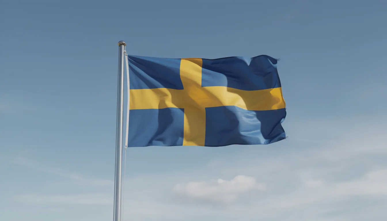 En svensk flagga vajar stolt mot en klar blå himmel, vilket ger en känsla av frihet och nationalstolthet. Denna bild påminner om de glädjeämnen som finns hos Dunder Casino, där svenska spelare kan njuta av ansvarsfullt spelande och spännande erbjudanden.