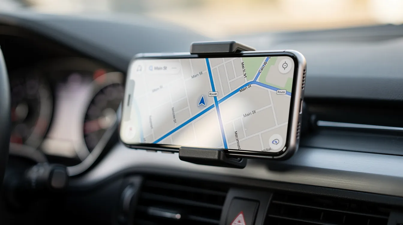 The image shows a close-up of a smartphone displaying a map navigation screen while inside a car, likely used by rideshare drivers like Uber or Lyft to navigate to a ride request. This highlights the importance of rideshare insurance coverage, as drivers need to be aware of their liability and personal auto insurance policies while en route.