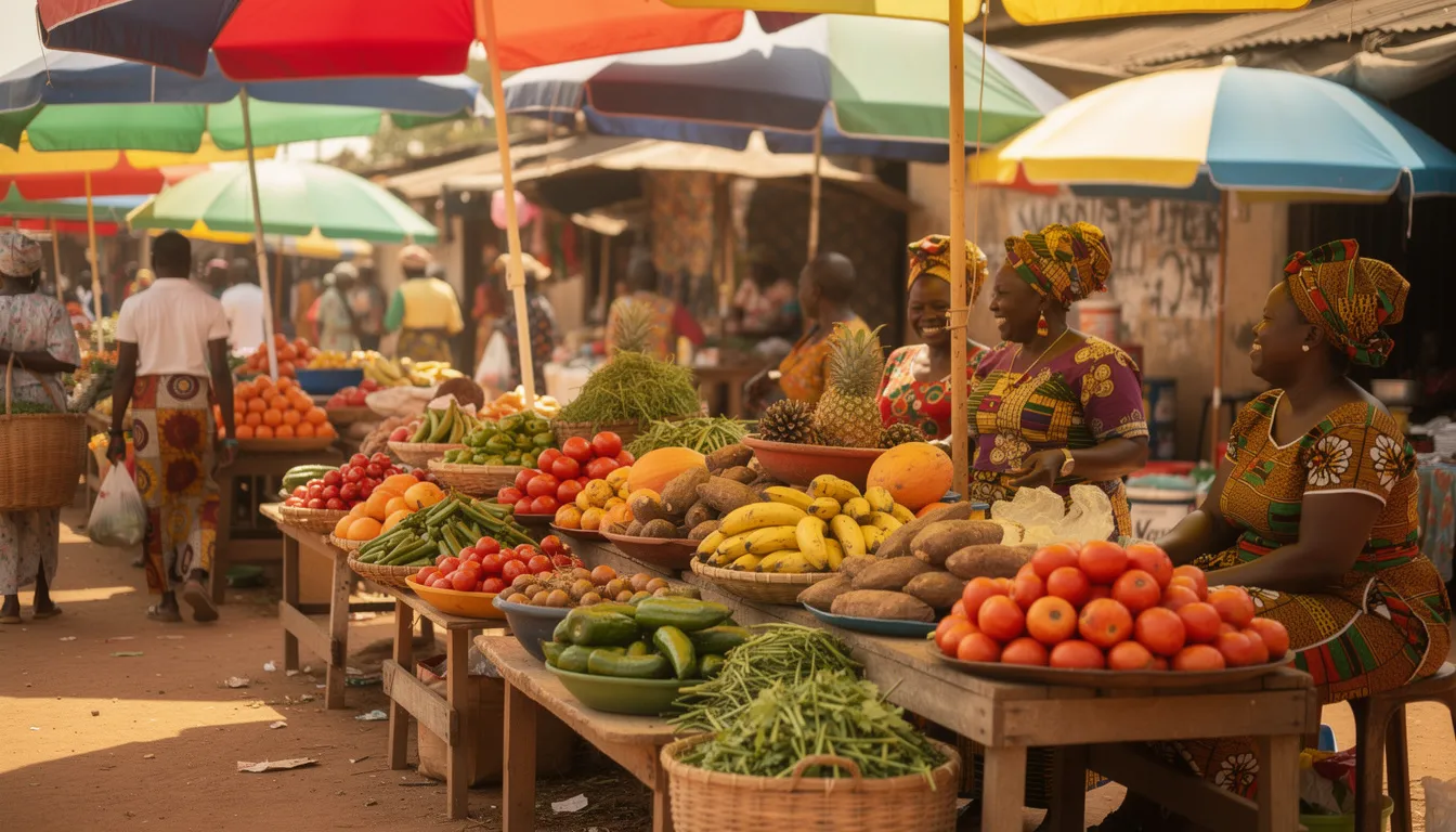 Una escena vibrante de un mercado callejero en Ghana, donde los vendedores ofrecen una variedad de frutas y verduras frescas, reflejando la rica gastronomía del país. Este colorido ambiente está lleno de contrastes, con productos como plátanos, arroz y especias que atraen tanto a locales como a turistas.