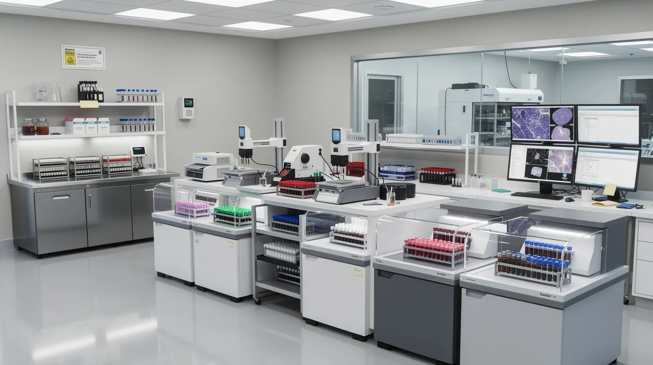 8eeb2d1c 8990 4fe6 9700 d0f432ba628b The image depicts the interior of a modern pathology lab, showcasing automated analysers and a well-organized sample processing area, essential for efficient diagnostic services. The space is designed to accommodate skilled staff and advanced equipment, ensuring regulatory compliance and high-quality patient care in the healthcare industry.