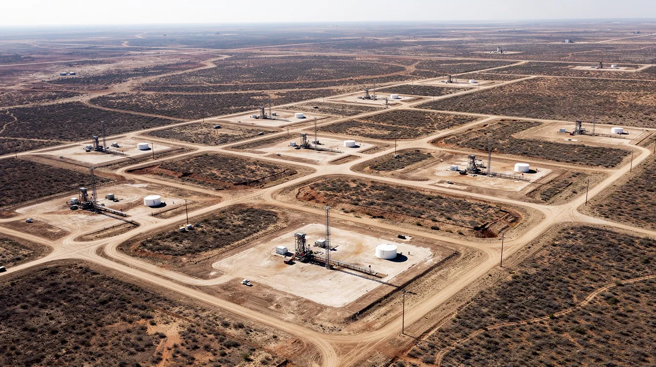 An aerial view captures multiple oil and gas well pads scattered across a semi-arid landscape, interconnected by dirt access roads, showcasing the extensive operations of oil and gas producers in the region. This image reflects the infrastructure and development associated with the oil and gas industry, highlighting the significant interests and assets involved in gas exploration.