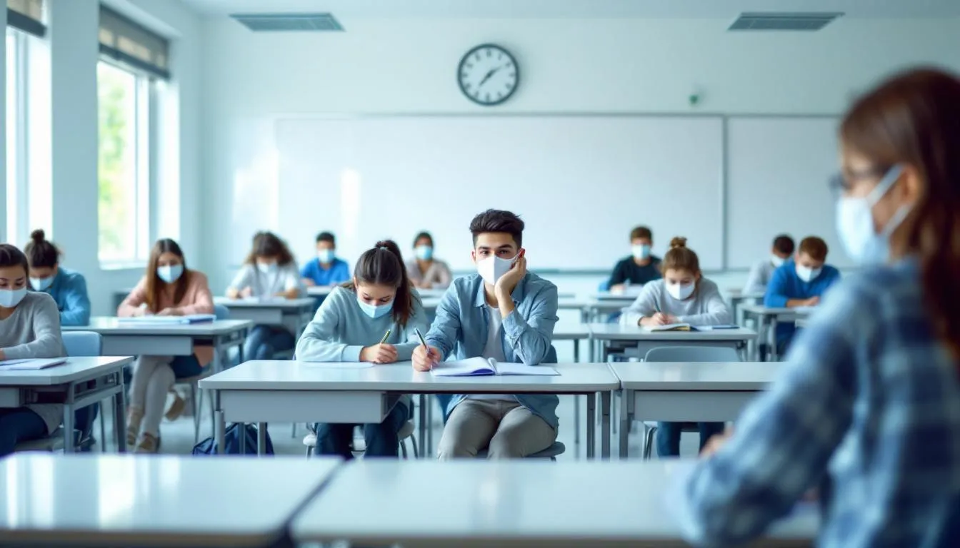 In a classroom setting, students are practicing proper spacing and respiratory hygiene by maintaining distance from one another and wearing masks. This activity emphasizes the importance of infection prevention and minimizing the risk of respiratory infections through droplet transmission.