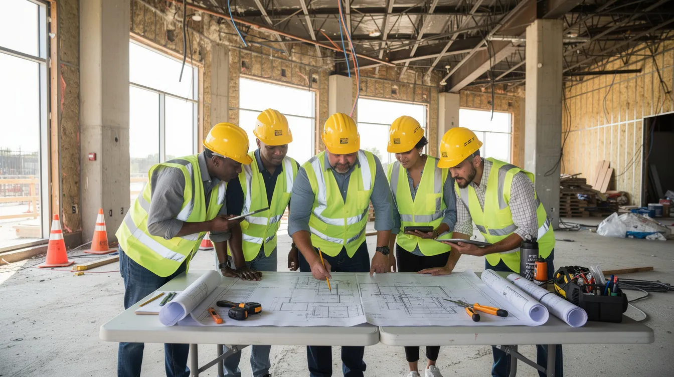 Construction team reviewing plans together inside a partially completed building.