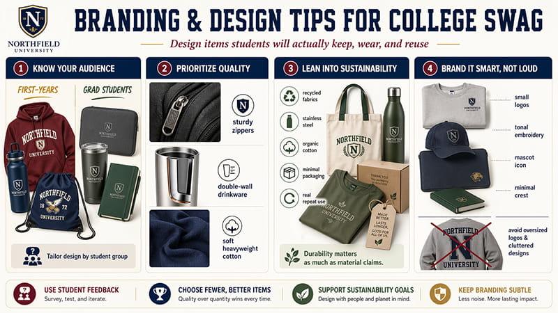 Infographic with tips for designing college swag, focusing on selecting the right items like backpacks, drinkware, T-shirts, and totes. Emphasizes audience targeting, quality materials, sustainability, and minimal branding for longer use.