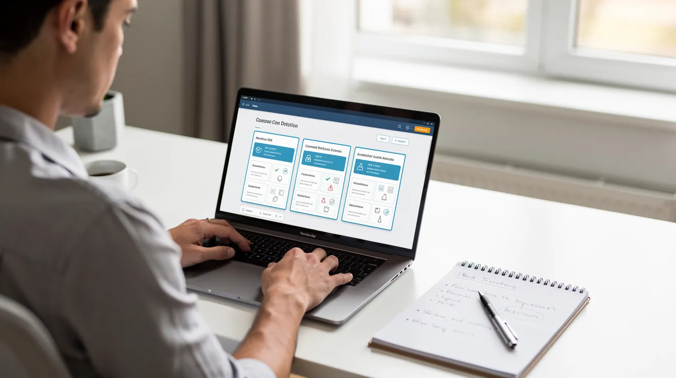 An individual is seated at a desk, intently comparing various options on their laptop screen while a notepad with handwritten notes sits beside them. This scene highlights the process of evaluating different bank accounts and rewards schemes, such as Barclays Blue Rewards, to determine the best financial benefits and monthly fee implications.