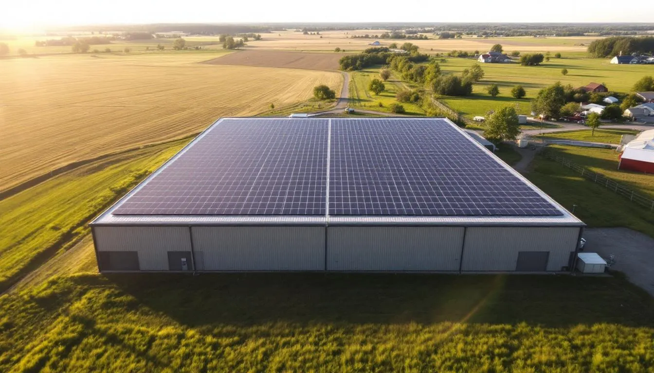 L'image montre l'installation de panneaux solaires photovoltaïques sur le toit d'un bâtiment industriel situé dans une région rurale du Québec. Cette initiative s'inscrit dans un projet d'énergie renouvelable visant à promouvoir l'énergie solaire et à soutenir la transition énergétique des communautés locales.