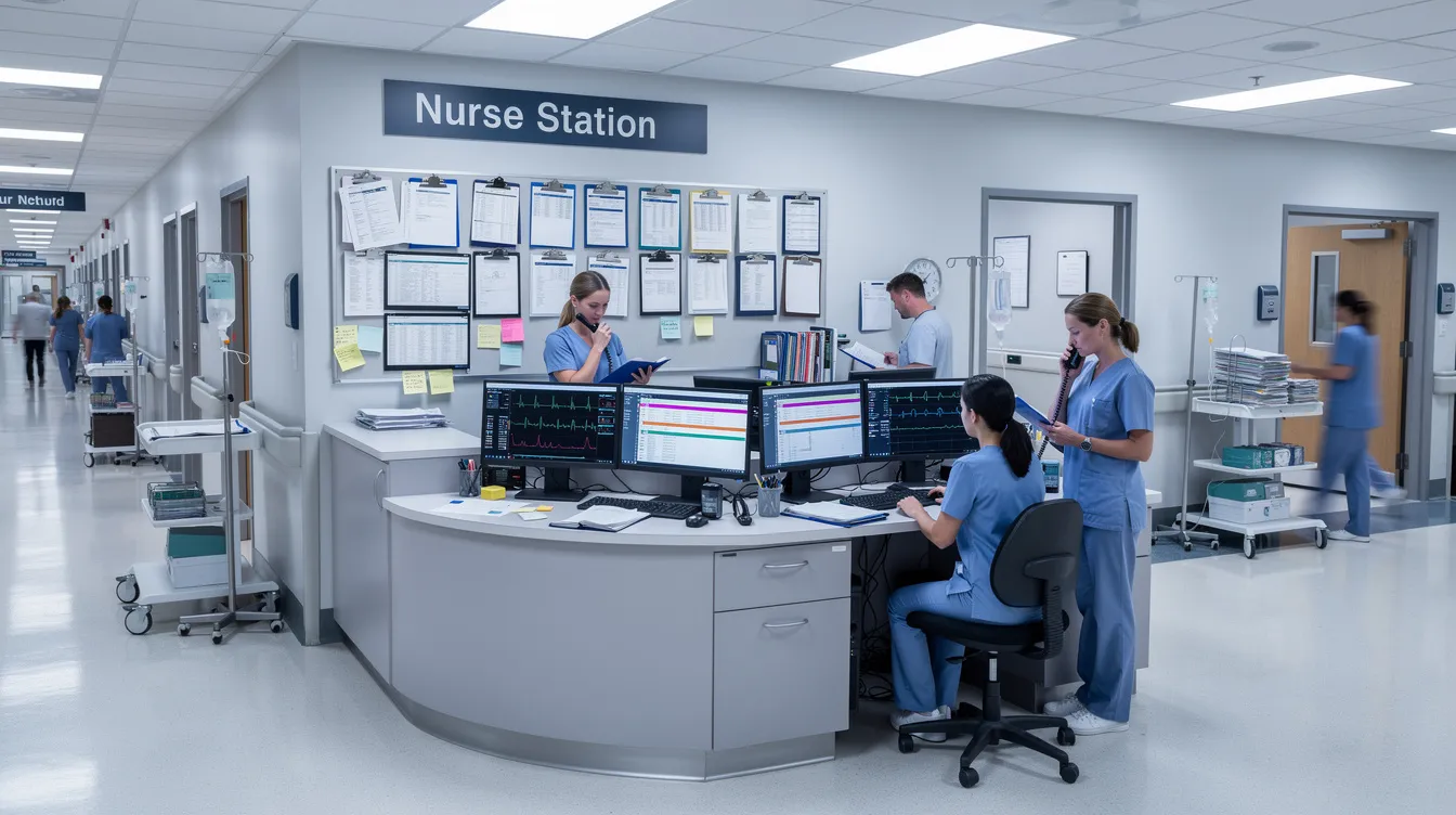 The image depicts a busy hospital nurse station filled with monitors displaying patient data and medical charts, highlighting the vital role of healthcare providers in managing patient care and resources. This scene reflects the importance of financial management in hospitals, including aspects like working capital and cash flow, to ensure efficient operations and hospital profitability.