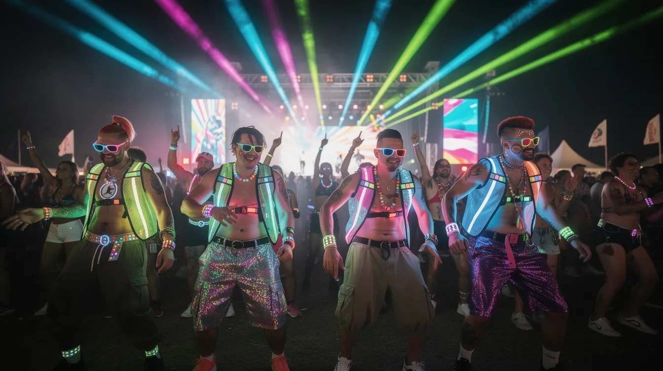 Eine Gruppe von Männern in verschiedenen Rave-Outfits tanzt fröhlich auf einem Open-Air-Festival bei Nacht, umgeben von bunten Lichtern. Die Outfits bestehen aus bequemen Materialien wie Baumwolle und Polyester, darunter Tank Tops und Cargo Shorts, die den aktuellen Trends entsprechen.
