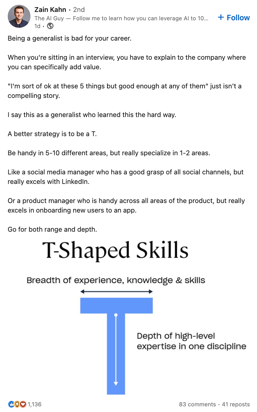 While generalist have a broader understanding of certain topics, their career opportunities might be restricted by the outside perspective of their ability to add tangible value. 