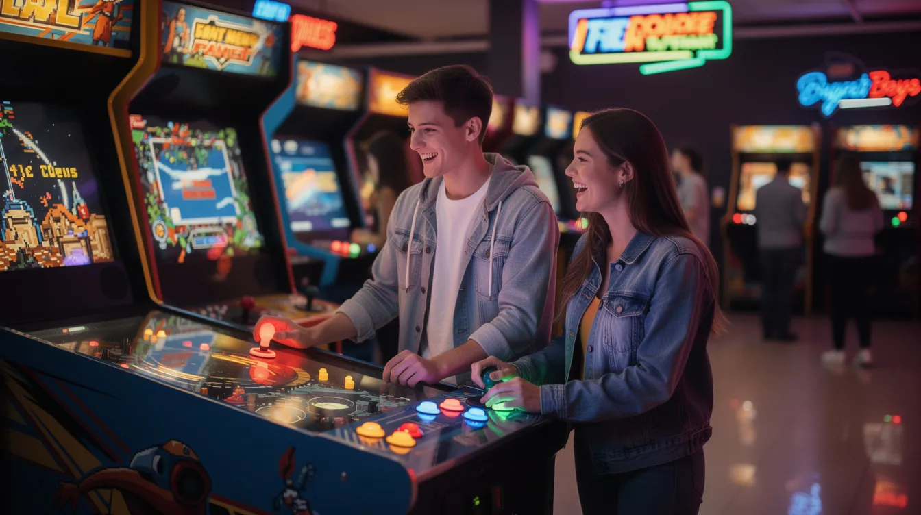 A lively scene at an arcade featuring two 20-year-olds enjoying their date, laughing and playing games together. The atmosphere is filled with excitement as they engage in casual fun, reflecting the vibrant dating scene often explored through popular dating apps.