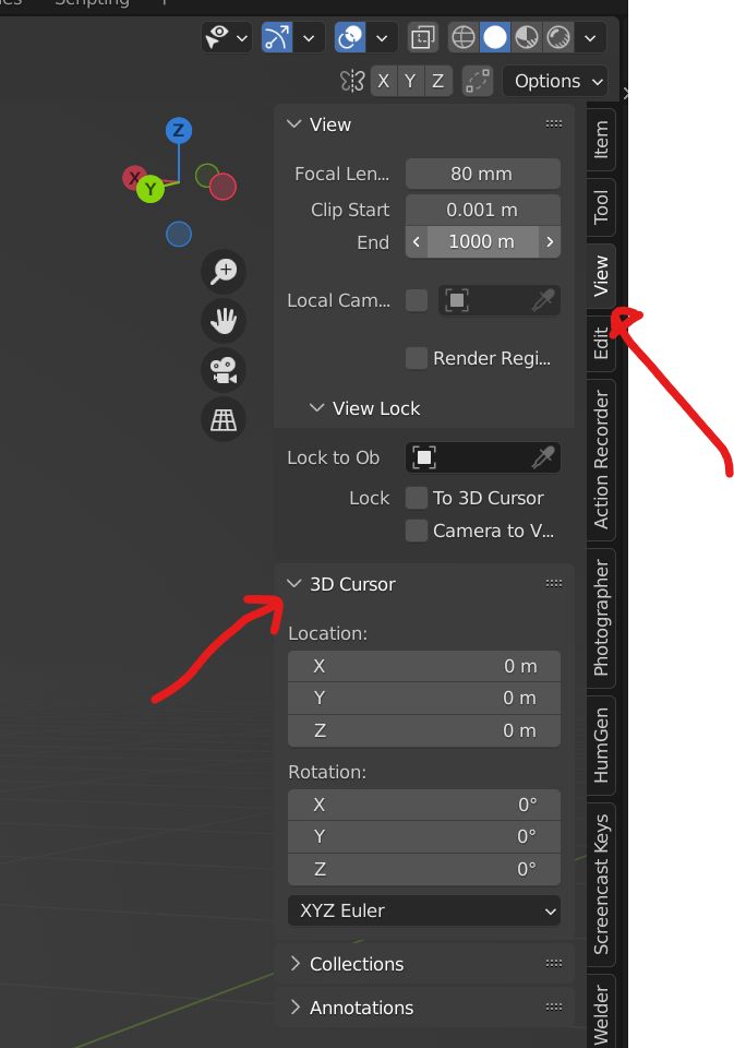 View Properties in Blender for 3D Cursor location and rotation properties