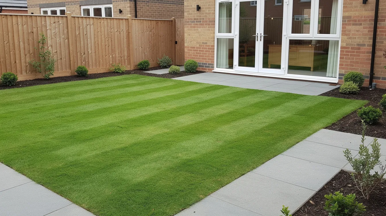 The image depicts a perfectly manicured lawn in front of a modern new build home, showcasing a lush green grass that indicates effective lawn care and seasonal treatments. Surrounding the lawn are colorful borders, enhancing the overall aesthetic of the garden, which appears to be thriving thanks to a comprehensive lawn care subscription.