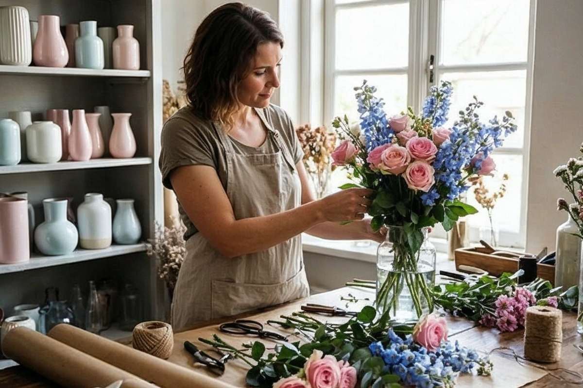 Florist focused on styling a vase bouquet of pink roses and blue flowers beside a window, with shears and greenery laid out.