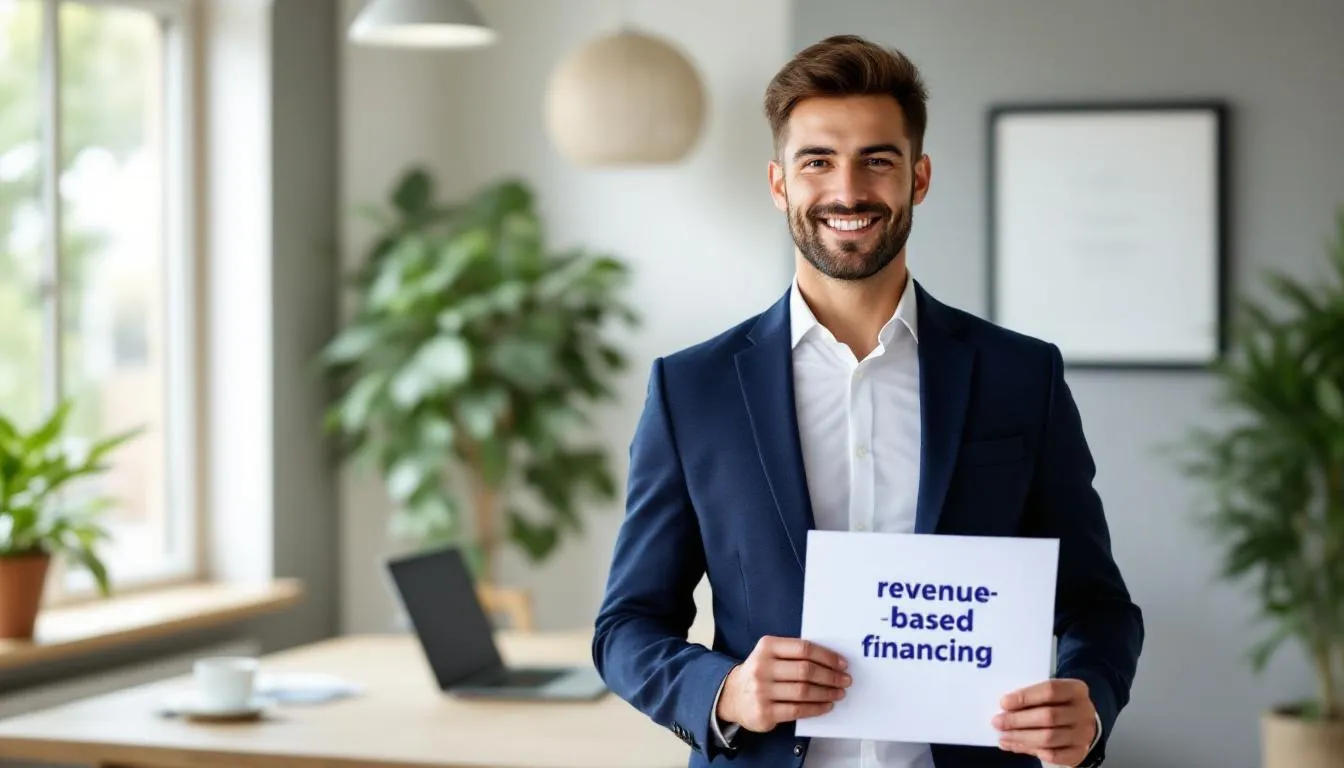 A confident small business CEO stands proudly, showcasing their success after securing revenue-based financing, symbolizing major opportunities for small and medium-sized businesses to access essential funds. The image a business looking forward to growth,, highlighting the importance of strong partnerships in the industry.